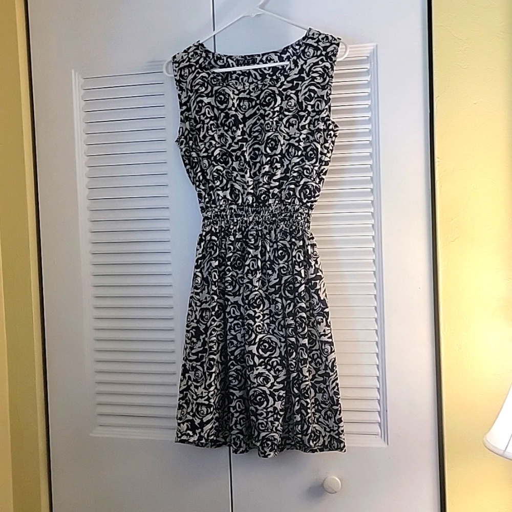 Dark blue and tan flowered mini dress